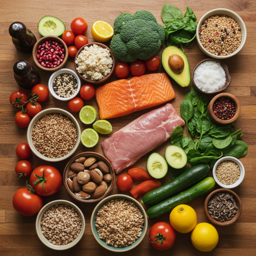 imagen2 1 1 "Plato saludable equilibrado con vegetales coloridos, proteína magra y granos enteros en una mesa de madera, capturado en una fotografía cenital con luz natural."