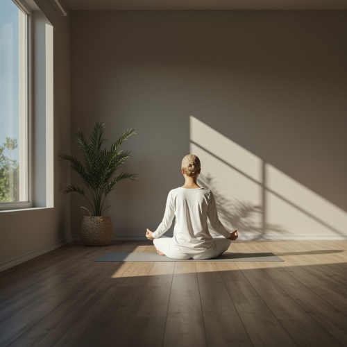 imagen3 1 1 "Figura femenina blanca meditando en una esterilla de yoga en una habitación minimalista iluminada por el sol, con paredes en tonos pastel suaves y una atmósfera serena."