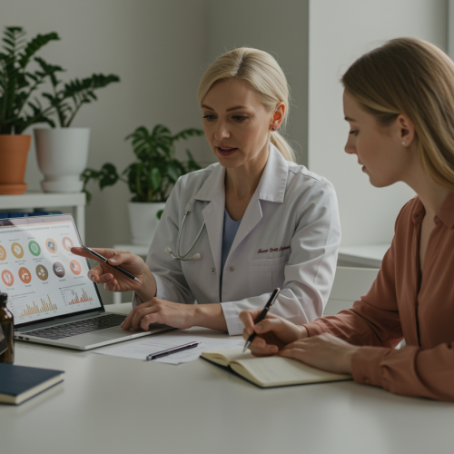 imagen7 1 2 "Consulta en clínica de bienestar con especialista en psiconeuroinmunoendocrinología, paciente revisando informes de nutrición y equilibrio hormonal en un ambiente cálido y moderno."